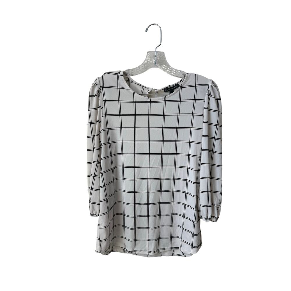 Adrianna Papell Windowpane Grid Print Blouse Black & White Size Small
